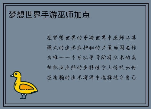 梦想世界手游巫师加点