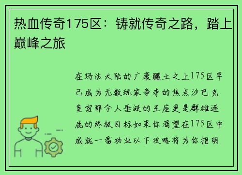 热血传奇175区：铸就传奇之路，踏上巅峰之旅